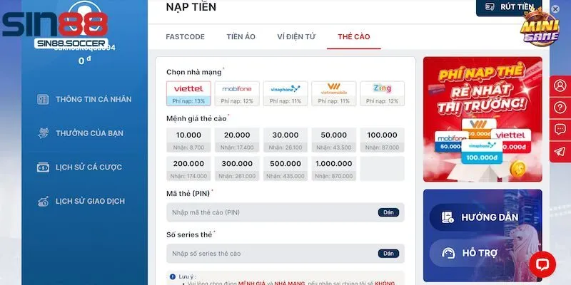 Thắc mắc chung liên quan đến nạp tiền vào Sin88